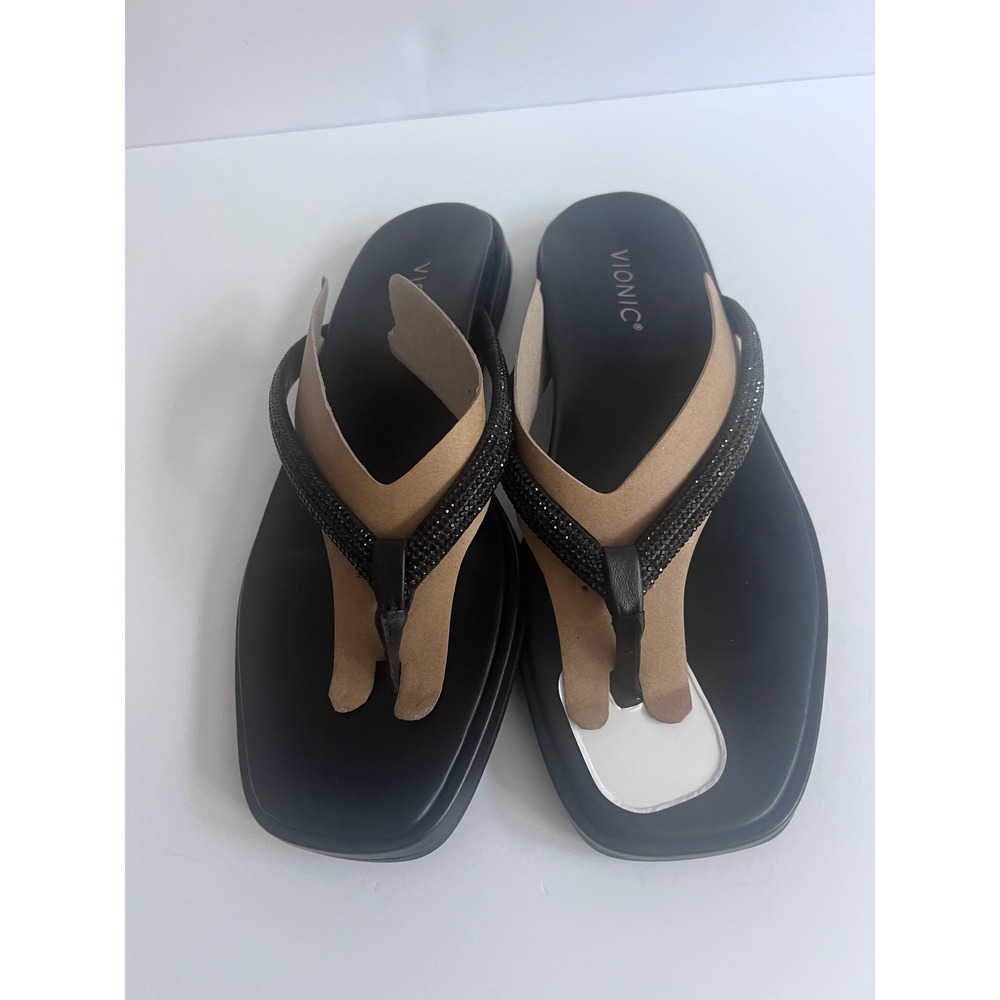 Vionic Vista Shine Black Rhinestone Thong Sandals Square Toe Women 8 38.5